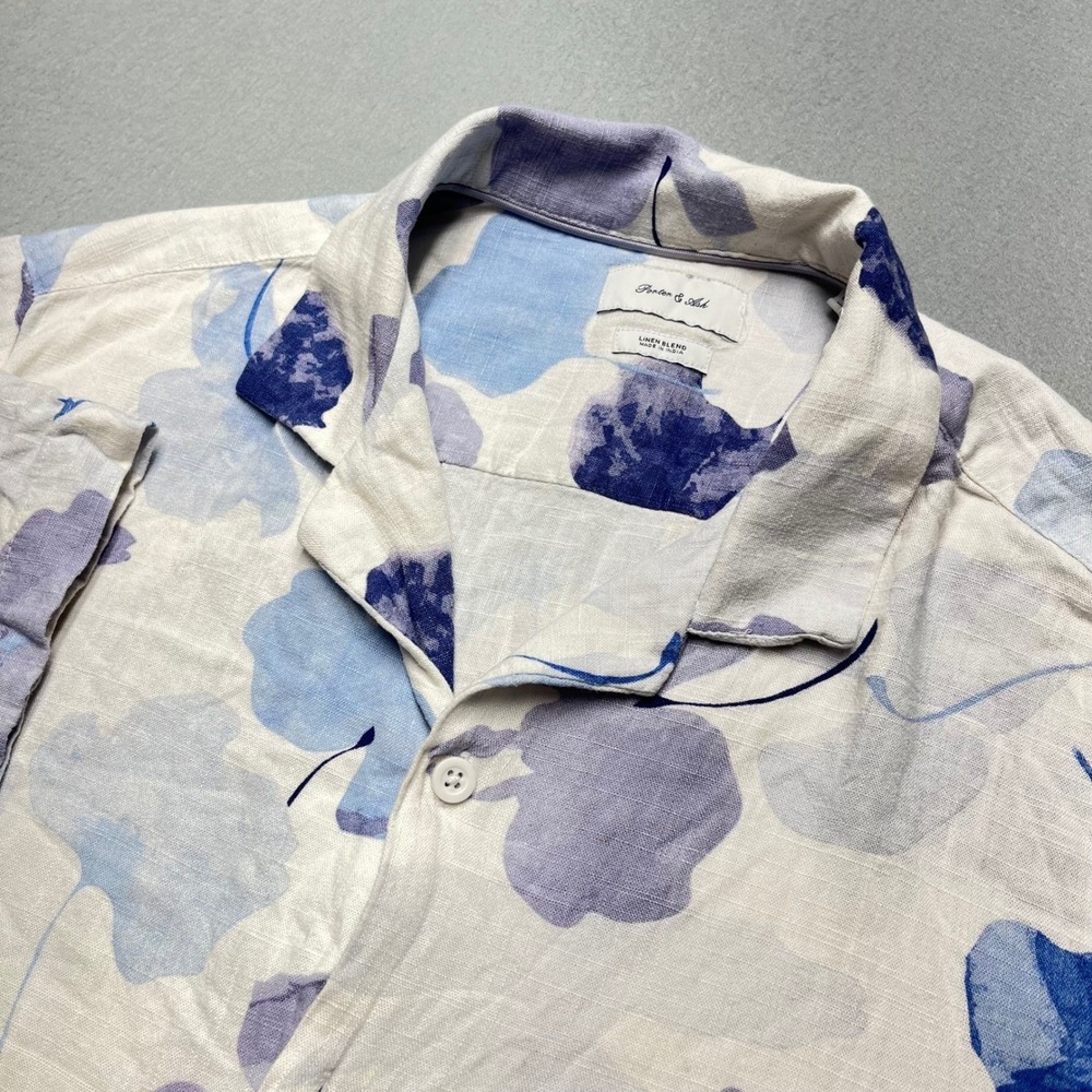 Porter & Ash Mens Medium Linen Blend Floral Leaf‎ Short Sleeve Button Down Shirt